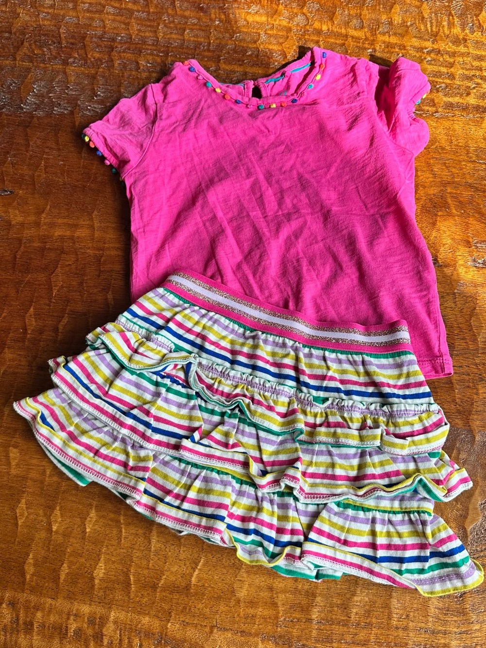 Mini Boden Pink Top with Multi-Color Striped Ruffle Skirt